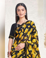 Vishal Prints Smokey Black And Burnt Yellow Printed Georgette Saree With Fancy Border