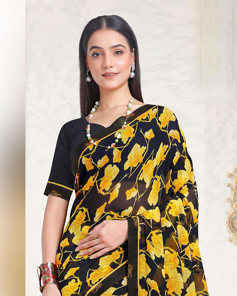 Vishal Prints Smokey Black And Burnt Yellow Printed Georgette Saree With Fancy Border
