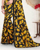 Vishal Prints Smokey Black And Burnt Yellow Printed Georgette Saree With Fancy Border
