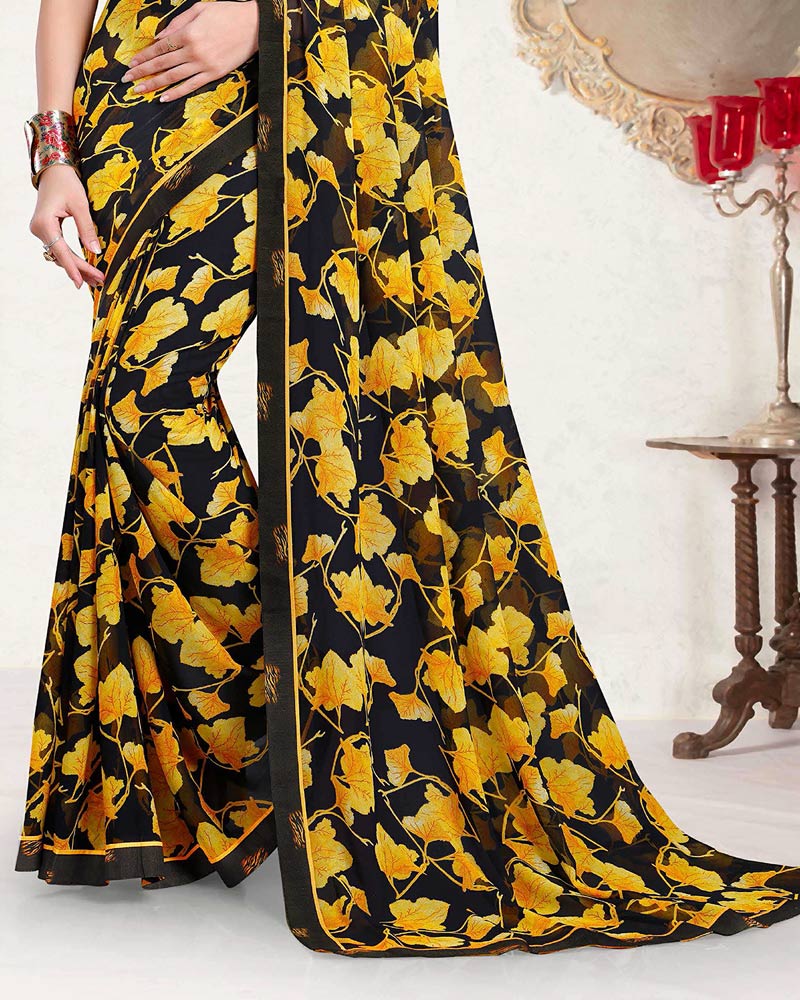 Vishal Prints Smokey Black And Burnt Yellow Printed Georgette Saree With Fancy Border