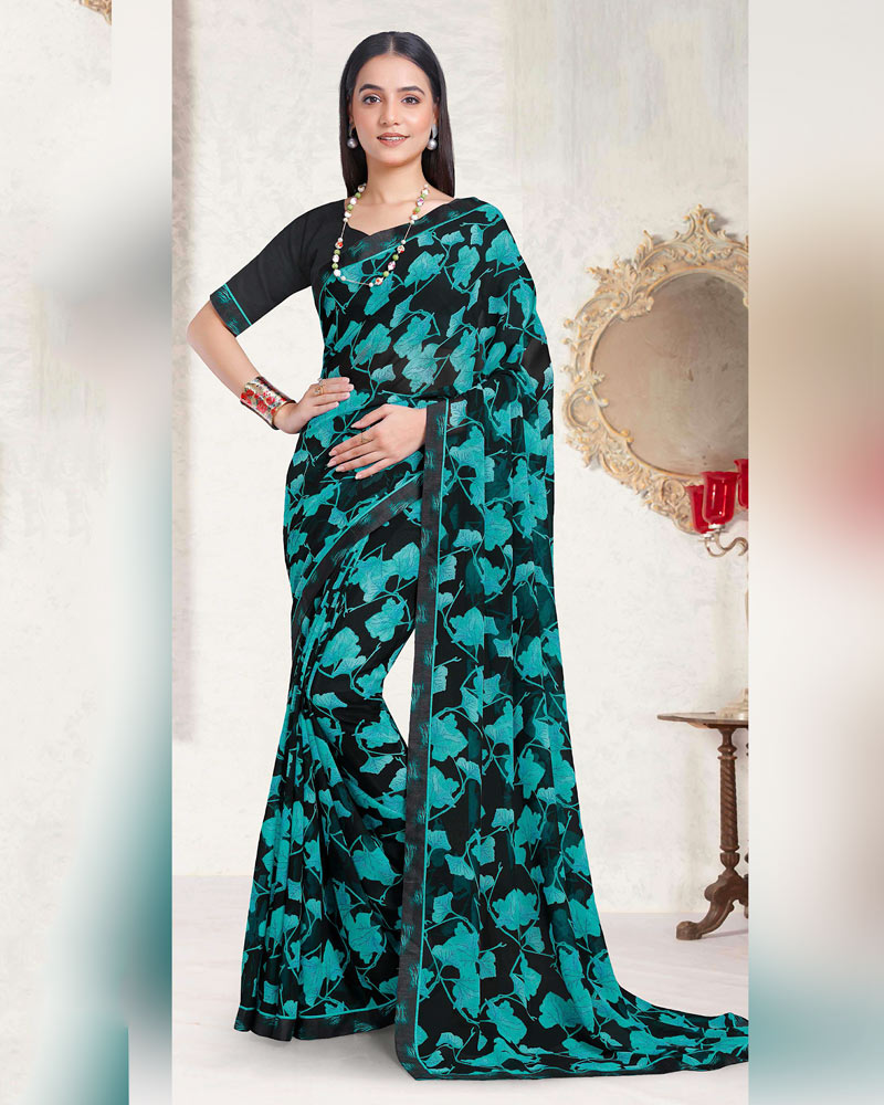 Vishal Prints Smokey Black And Teal Green Printed Georgette Saree With Fancy Border