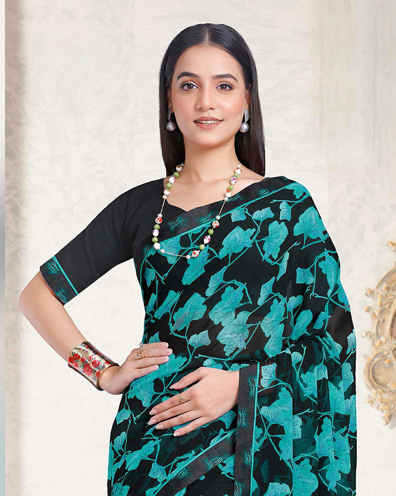 Vishal Prints Smokey Black And Teal Green Printed Georgette Saree With Fancy Border