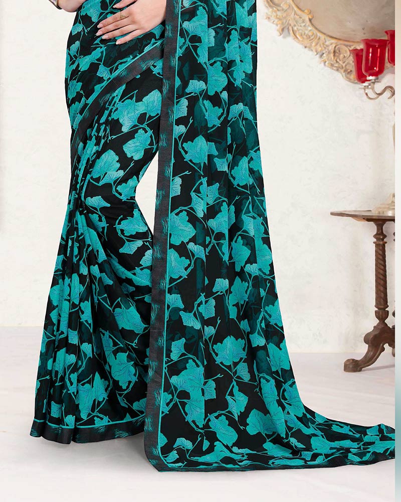 Vishal Prints Smokey Black And Teal Green Printed Georgette Saree With Fancy Border