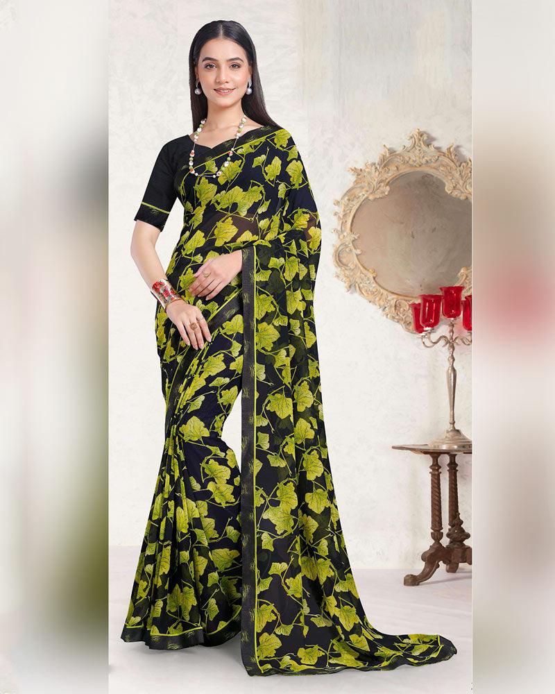 Vishal Prints Smokey Black And Olive Yellow Printed Georgette Saree With Fancy Border