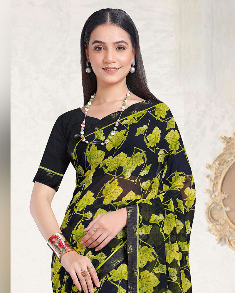 Vishal Prints Smokey Black And Olive Yellow Printed Georgette Saree With Fancy Border