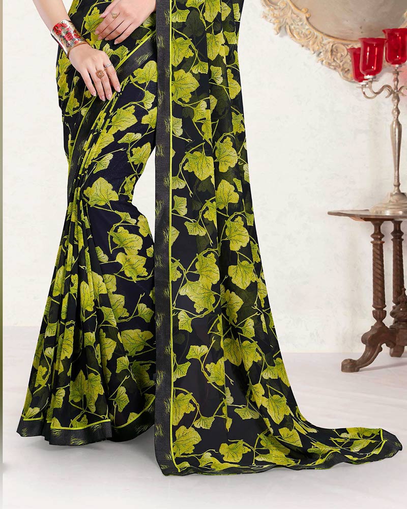 Vishal Prints Smokey Black And Olive Yellow Printed Georgette Saree With Fancy Border