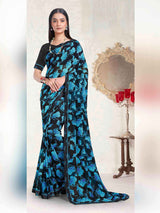 Vishal Prints Smokey Black And Fountain Blue Printed Georgette Saree With Fancy Border