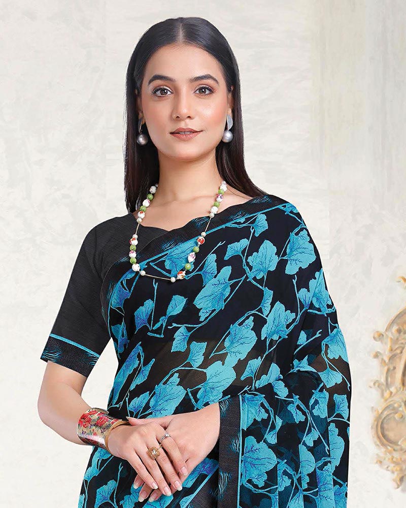 Vishal Prints Smokey Black And Fountain Blue Printed Georgette Saree With Fancy Border