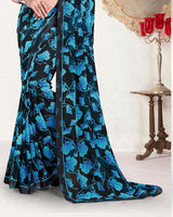 Vishal Prints Smokey Black And Fountain Blue Printed Georgette Saree With Fancy Border