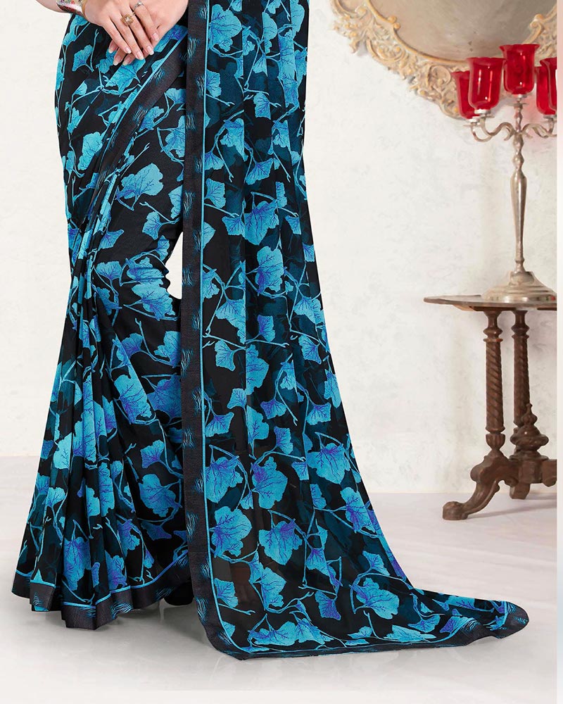 Vishal Prints Smokey Black And Fountain Blue Printed Georgette Saree With Fancy Border