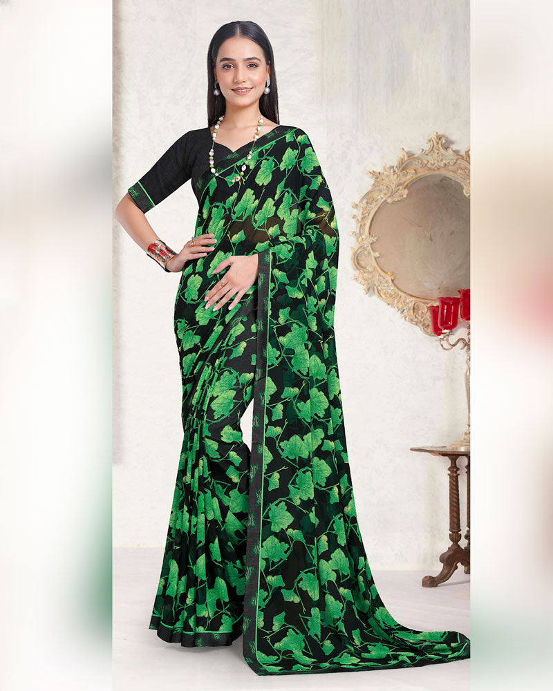 Vishal Prints Smokey Black And Fern Green Printed Georgette Saree With Fancy Border