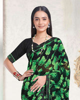 Vishal Prints Smokey Black And Fern Green Printed Georgette Saree With Fancy Border