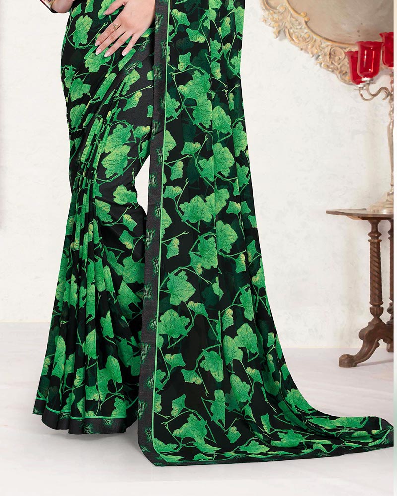 Vishal Prints Smokey Black And Fern Green Printed Georgette Saree With Fancy Border