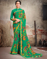 Vishal Prints Dark Sea Green Printed Georgette Saree With Border