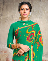 Vishal Prints Dark Sea Green Printed Georgette Saree With Border