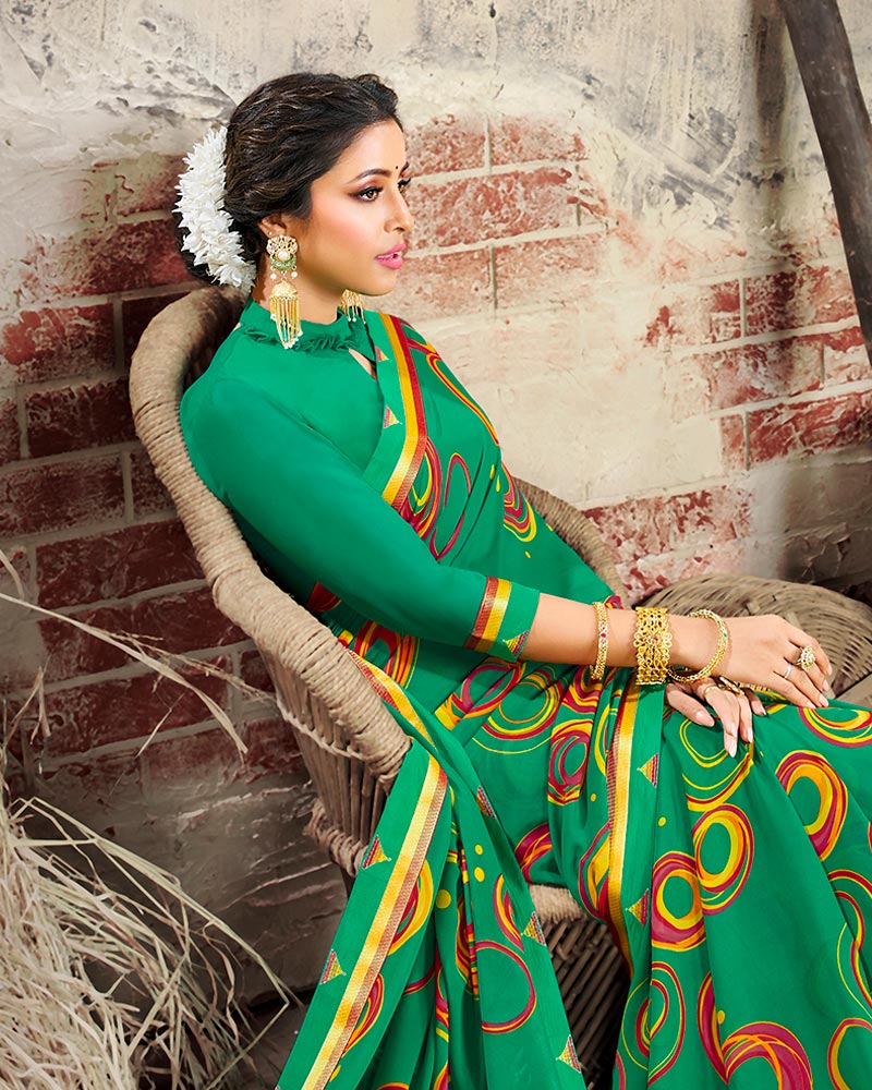Vishal Prints Dark Sea Green Printed Georgette Saree With Border
