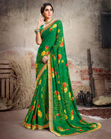Vishal Prints Dark Green Printed Georgette Saree With Border