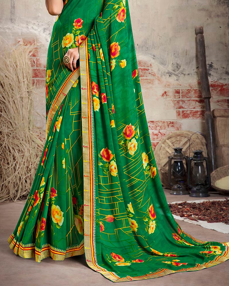 Vishal Prints Dark Green Printed Georgette Saree With Border
