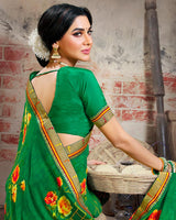 Vishal Prints Dark Green Printed Georgette Saree With Border