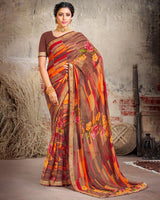 Vishal Prints Coffee Brown Printed Georgette Saree With Border