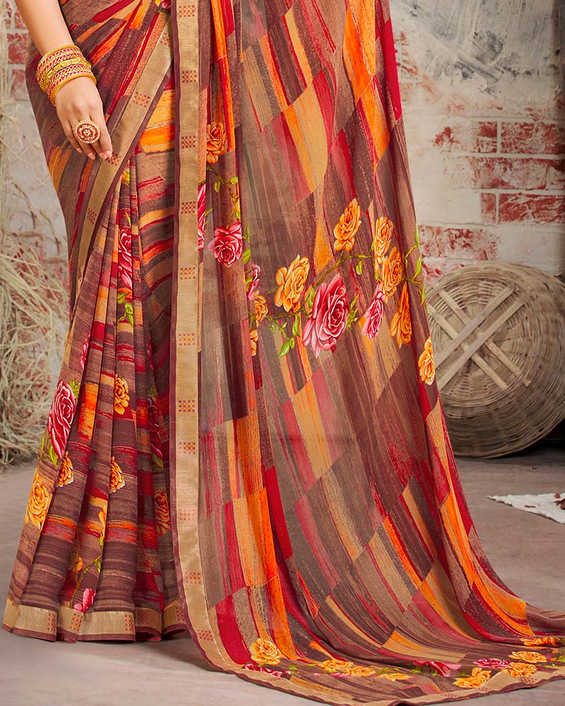 Vishal Prints Coffee Brown Printed Georgette Saree With Border