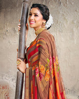 Vishal Prints Coffee Brown Printed Georgette Saree With Border