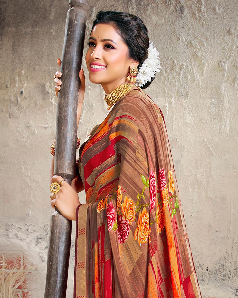 Vishal Prints Coffee Brown Printed Georgette Saree With Border
