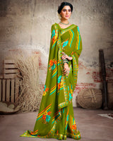 Vishal Prints Olive Green Printed Georgette Saree With Border