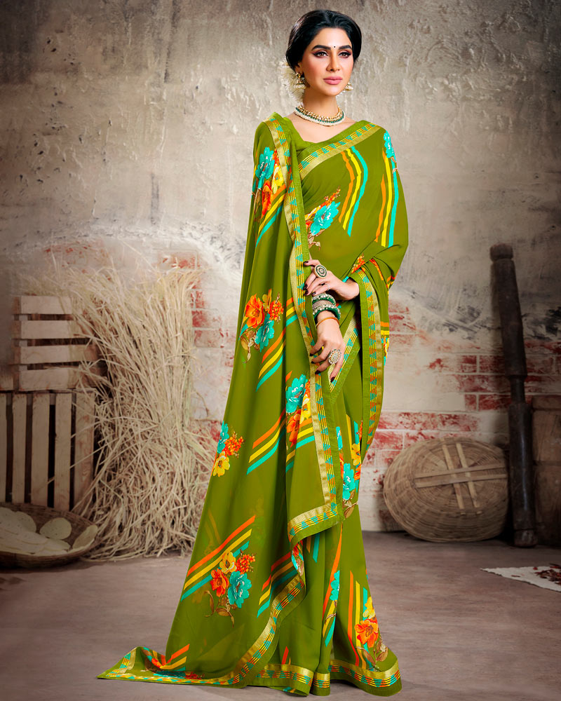 Vishal Prints Olive Green Printed Georgette Saree With Border