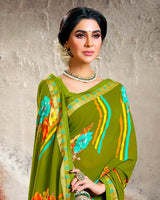 Vishal Prints Olive Green Printed Georgette Saree With Border