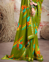 Vishal Prints Olive Green Printed Georgette Saree With Border