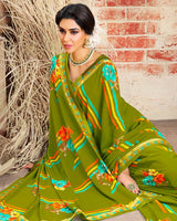 Vishal Prints Olive Green Printed Georgette Saree With Border