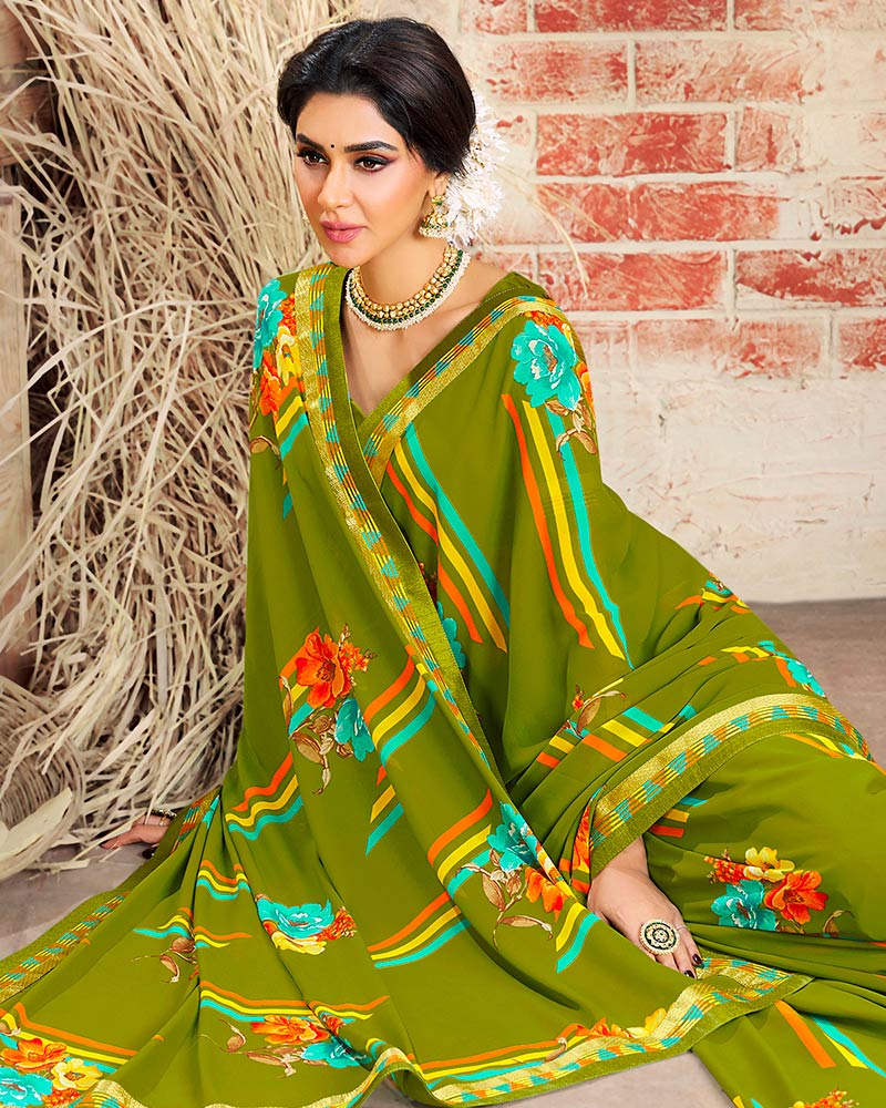 Vishal Prints Olive Green Printed Georgette Saree With Border