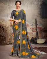 Vishal Prints Dark Grey Printed Georgette Saree With Border