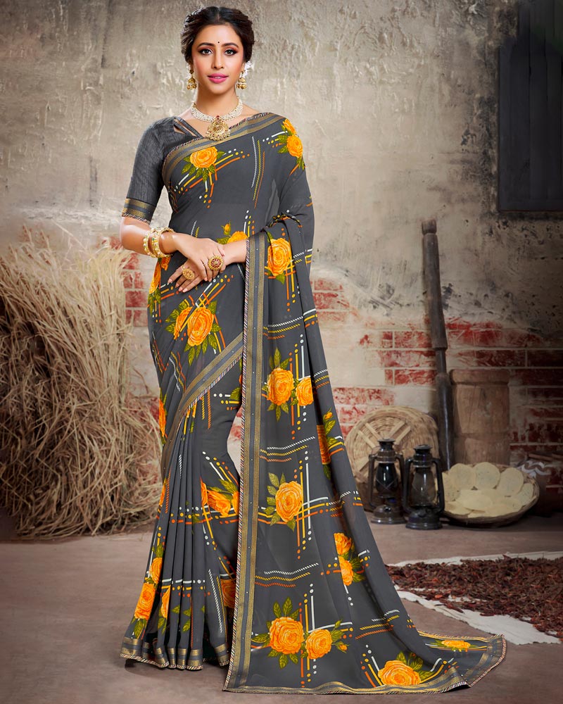 Vishal Prints Dark Grey Printed Georgette Saree With Border