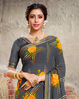Vishal Prints Dark Grey Printed Georgette Saree With Border