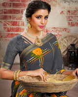 Vishal Prints Dark Grey Printed Georgette Saree With Border