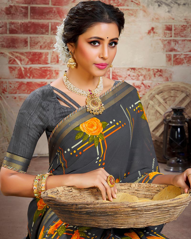 Vishal Prints Dark Grey Printed Georgette Saree With Border