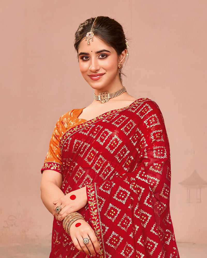 Vishal Prints Milano Red Designer Chiffon Saree With Foil Print And Zari Border
