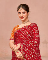 Vishal Prints Milano Red Designer Chiffon Saree With Foil Print And Zari Border