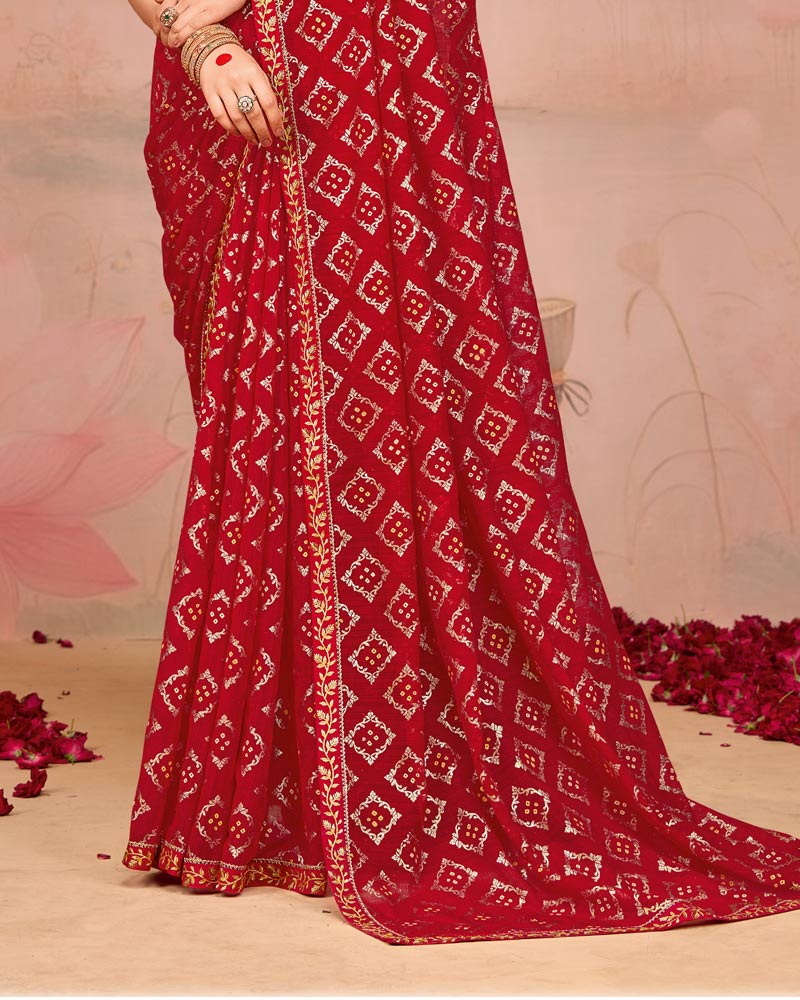Vishal Prints Milano Red Designer Chiffon Saree With Foil Print And Zari Border