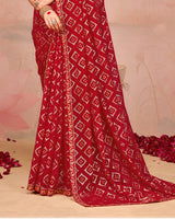 Vishal Prints Milano Red Designer Chiffon Saree With Foil Print And Zari Border