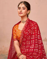Vishal Prints Milano Red Designer Chiffon Saree With Foil Print And Zari Border