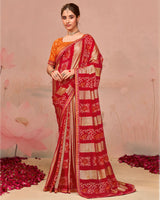 Vishal Prints Venetian Red Designer Chiffon Saree With Foil Print And Zari Border