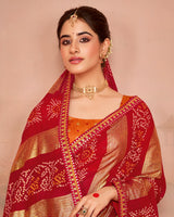 Vishal Prints Venetian Red Designer Chiffon Saree With Foil Print And Zari Border
