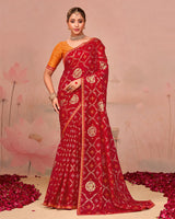 Vishal Prints Shiraz Red Designer Chiffon Saree With Foil Print And Zari Border