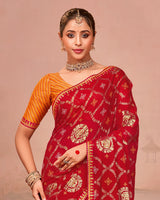 Vishal Prints Shiraz Red Designer Chiffon Saree With Foil Print And Zari Border