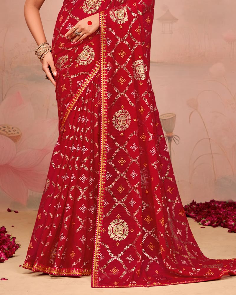 Vishal Prints Shiraz Red Designer Chiffon Saree With Foil Print And Zari Border
