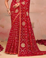 Vishal Prints Shiraz Red Designer Chiffon Saree With Foil Print And Zari Border