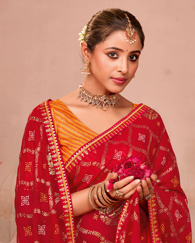 Vishal Prints Shiraz Red Designer Chiffon Saree With Foil Print And Zari Border